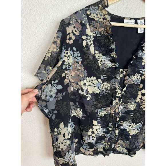 Women's Short Sleeve Black Floral Blouse Size 20W Sheer Sleeves Feminine Office - Picture 5 of 11